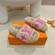 LV Fur Slippers Light Brown With Pink Text Pure Wool