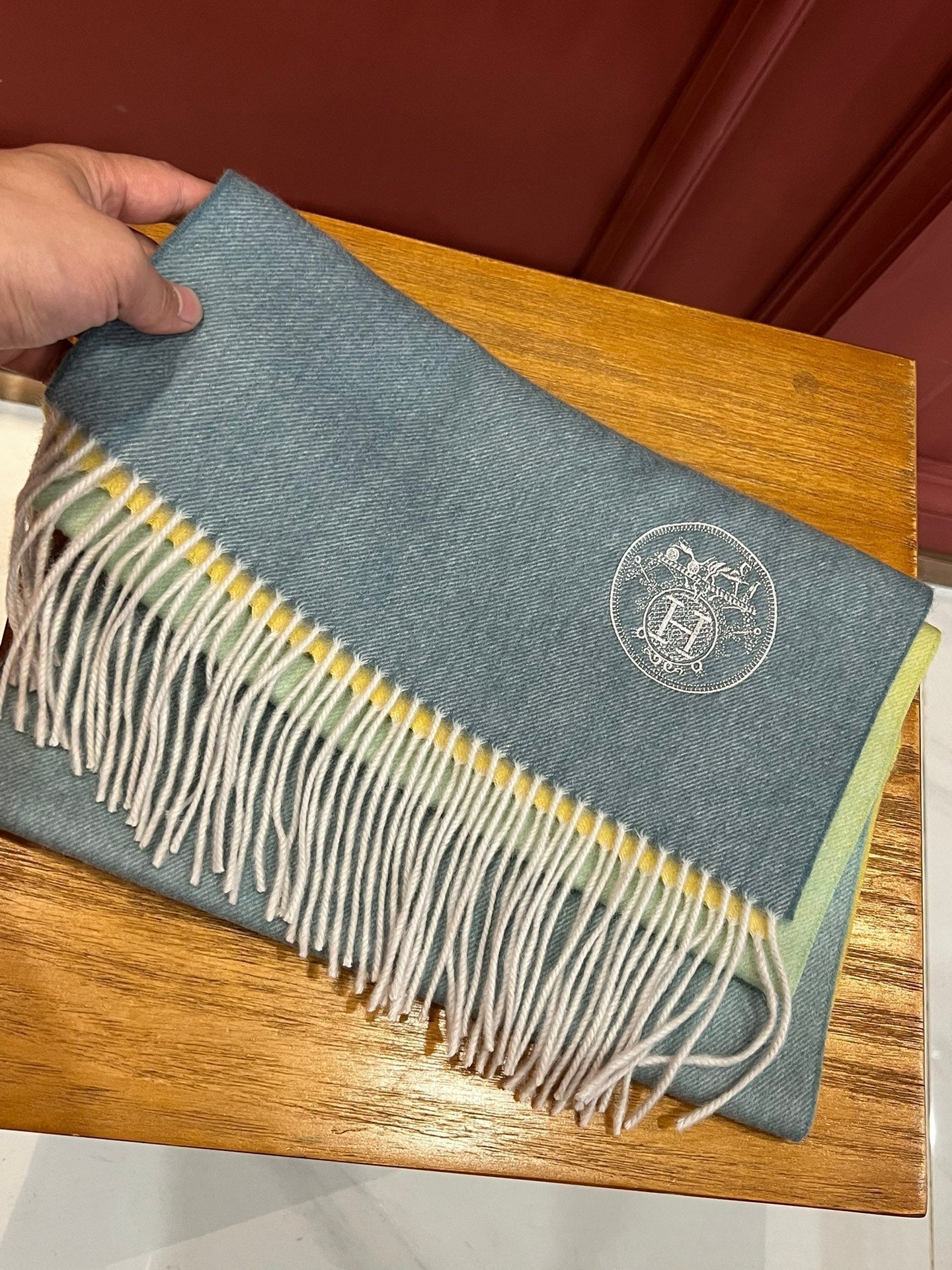 Scarf 190 CM In Blue Yellow Mix Jade Green Cashmere