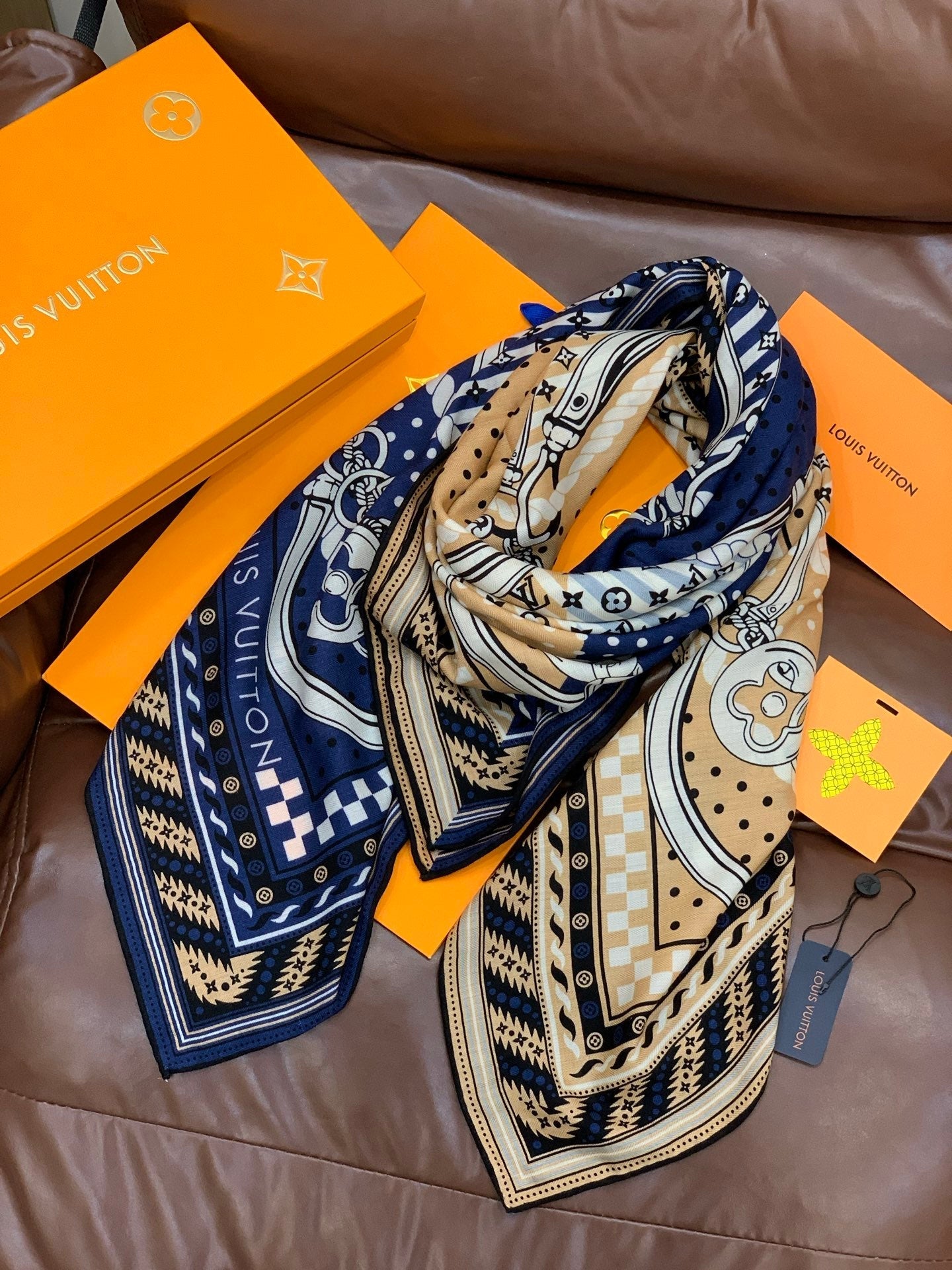 LV X TM Scarf 135CM Blue Beige Cashmere 293198