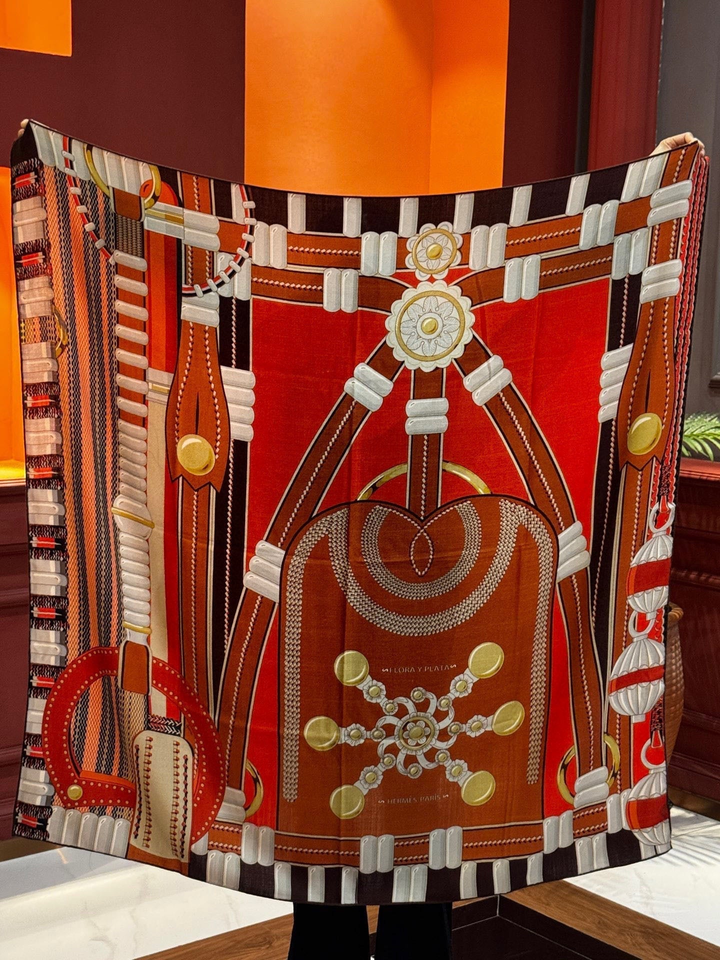 HM Dressage Tressage 140 CM Orange Brown Colorful Cashmere And Silk 293242
