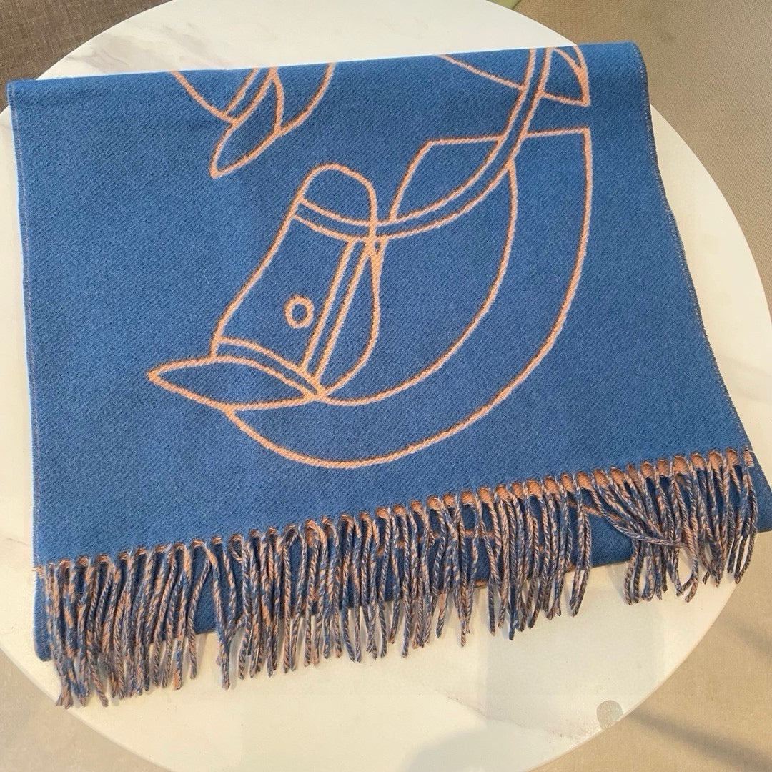 Casaque Entrelacs Equestres Scarf 195 CM Blue Mix Light Brown Cashmere