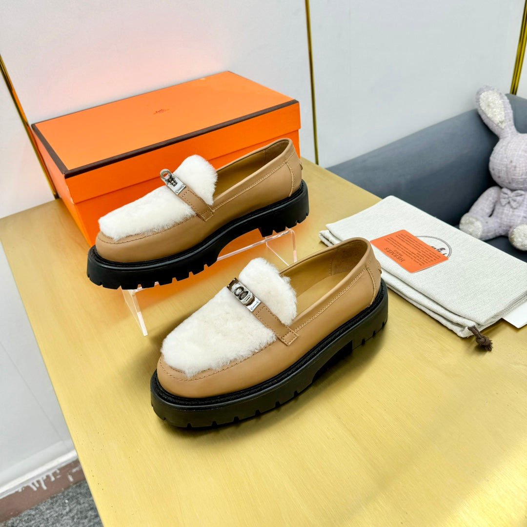 HM Icone Loafer White Shearling Brown Clalfskin