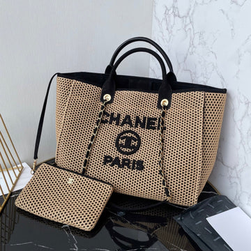 CC 25 Deauville Tote Bag 38cm Beige Black Crochet Suede