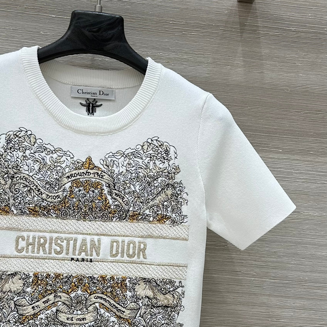 CD 25 Star Embroidery Knitted Short-sleeved Top White Tencel Wool