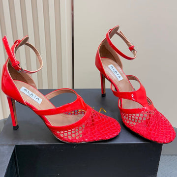 Alaia Fishnet Thong Heels Sandals Red Lambskin 299660