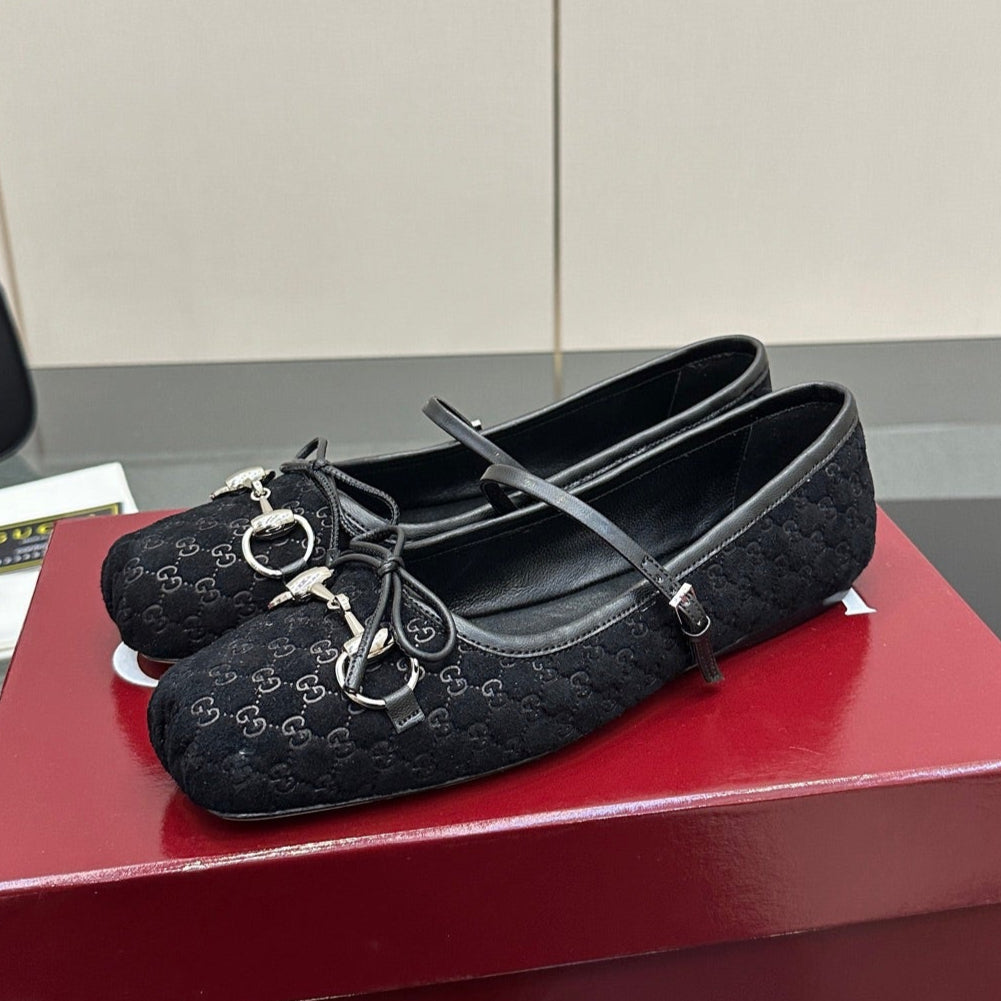 GC 25 Horsebit Ballet Flat Black Monogram Suede