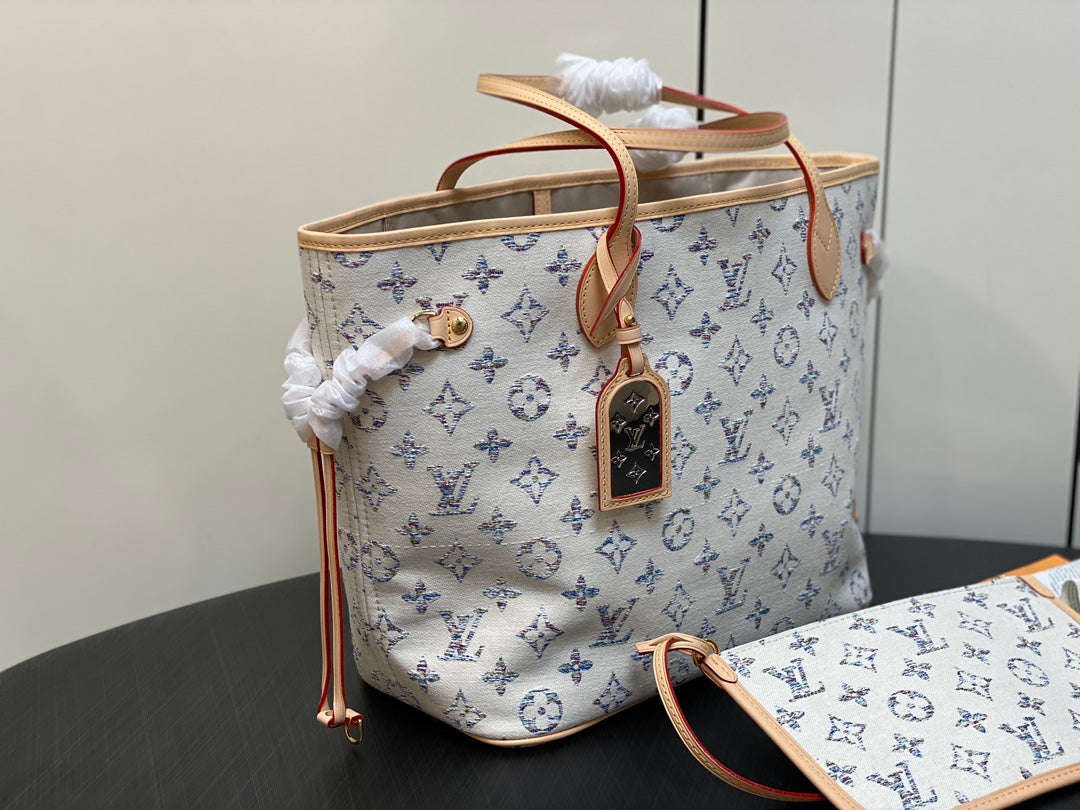 neverfull mm 31 multicolor beige monogram jacquard fabric