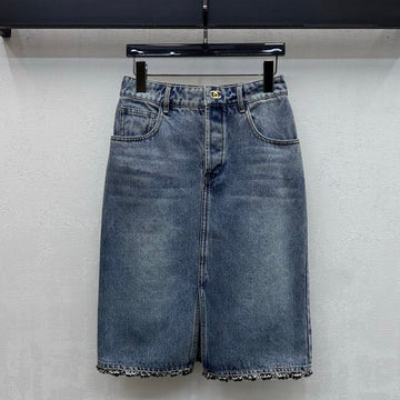 Chanel 2026 Patchwork Denim Midi Skirt Blue Cotton 363947