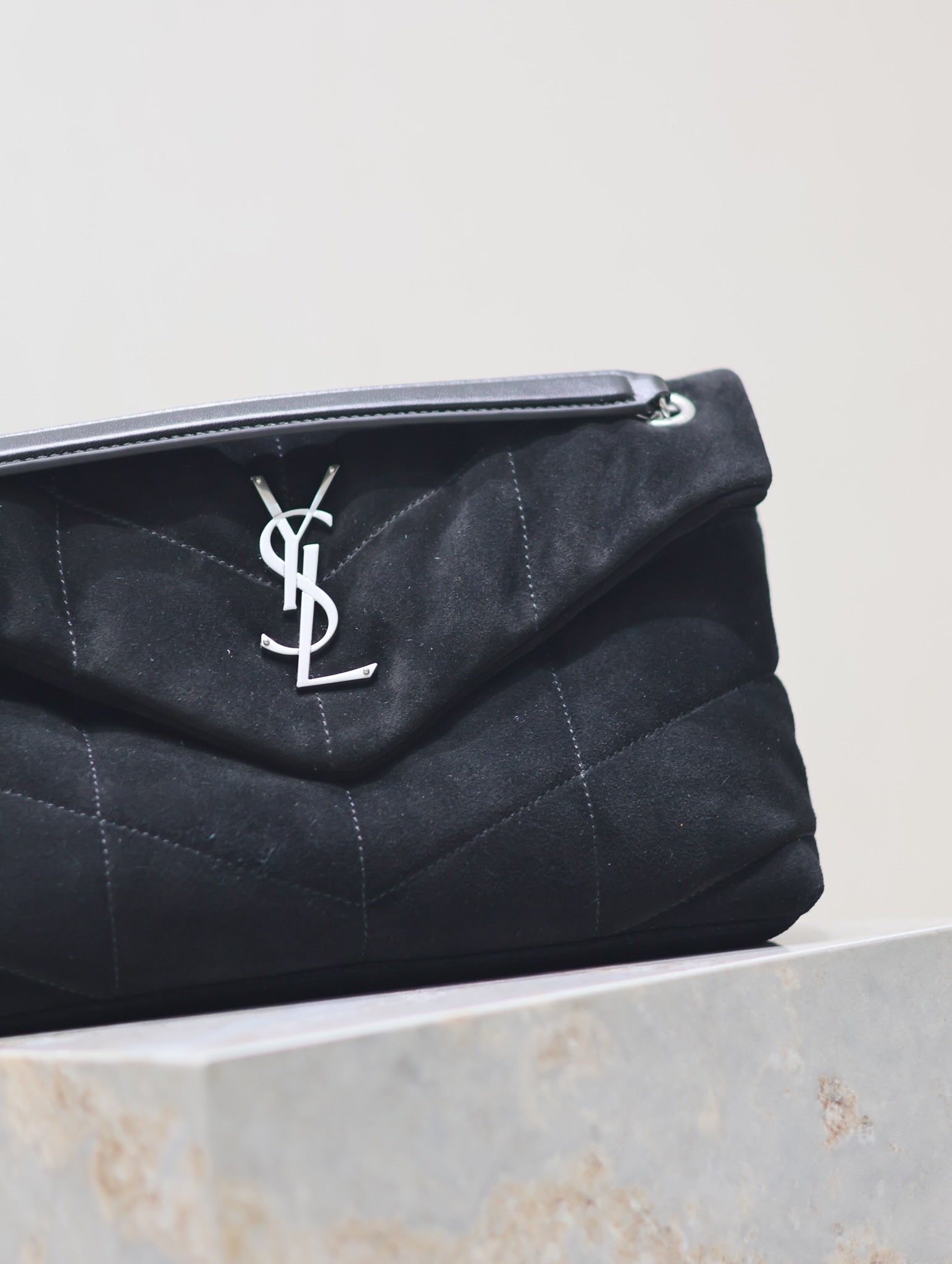 PUFFER SMALL 29 IN BLACK SUEDE SILVER HARDWARE
