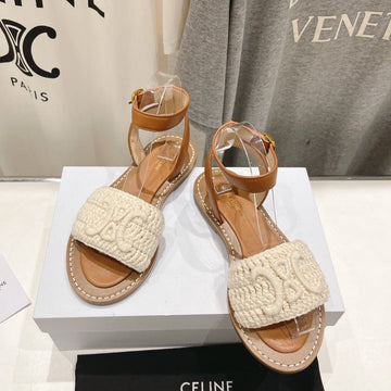 LYMPIA SANDAL IN TRIOMPHE MACCRAMÃ‰ COTTON & CALFSKIN ECRU TAN