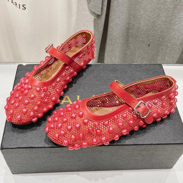 ALAIA PEARL MARY JANE SHOES IN CHERRY RED MESH AND CALFSKIN