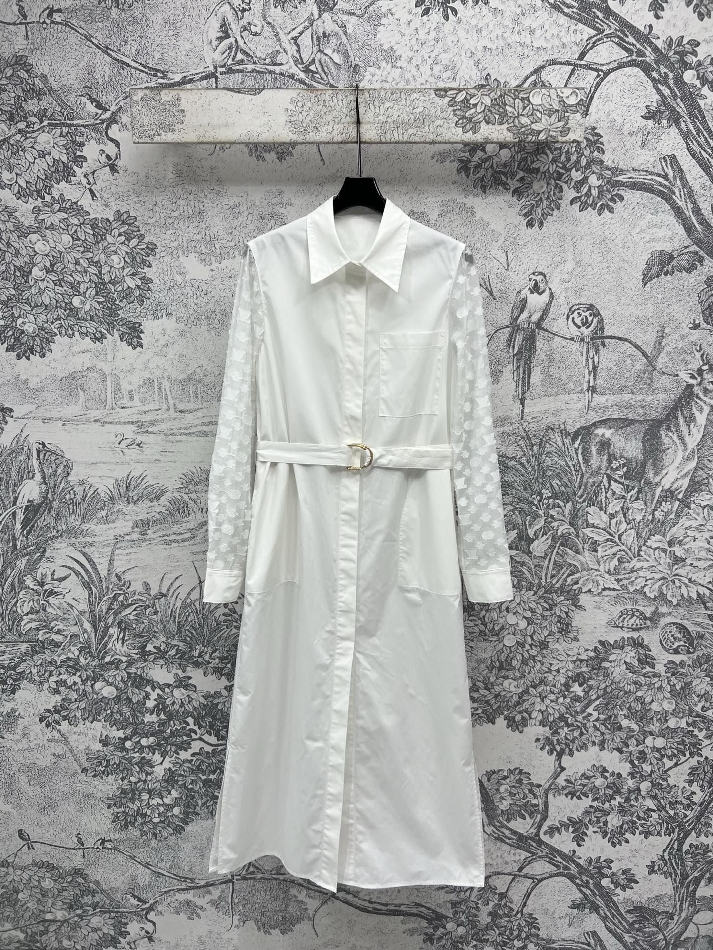 LV 25 Splicing Perspective Jacquard Monogram Sleeve Dress White Cotton