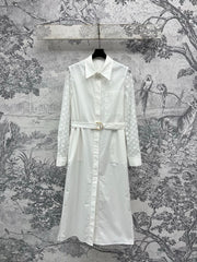 LV 25 Splicing Perspective Jacquard Monogram Sleeve Dress White Cotton
