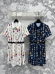 LV 25 Printed Round Neck Lining Pleated Dress White BLue Poliester