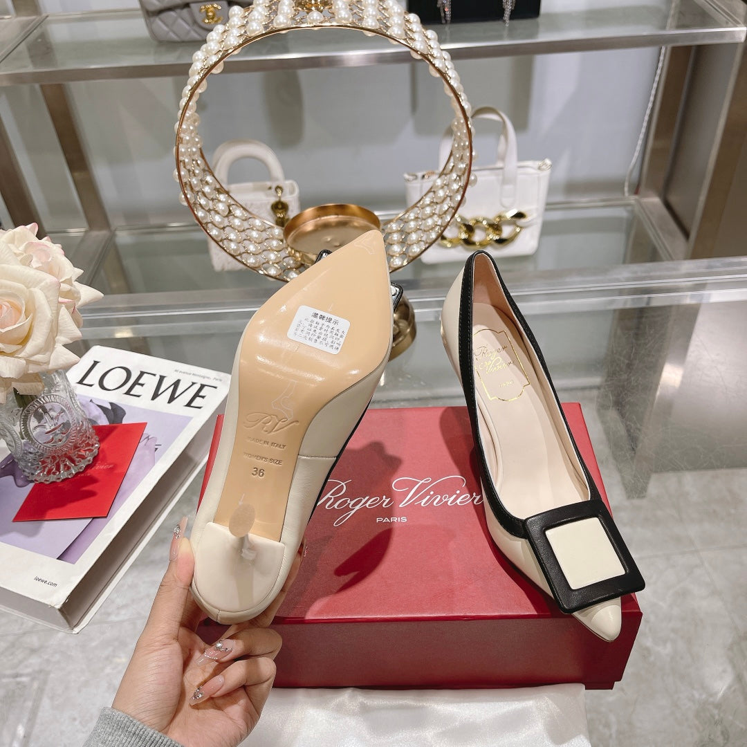 Belle Viv Metal Buckle Pumps 85 White Black Patent Leather