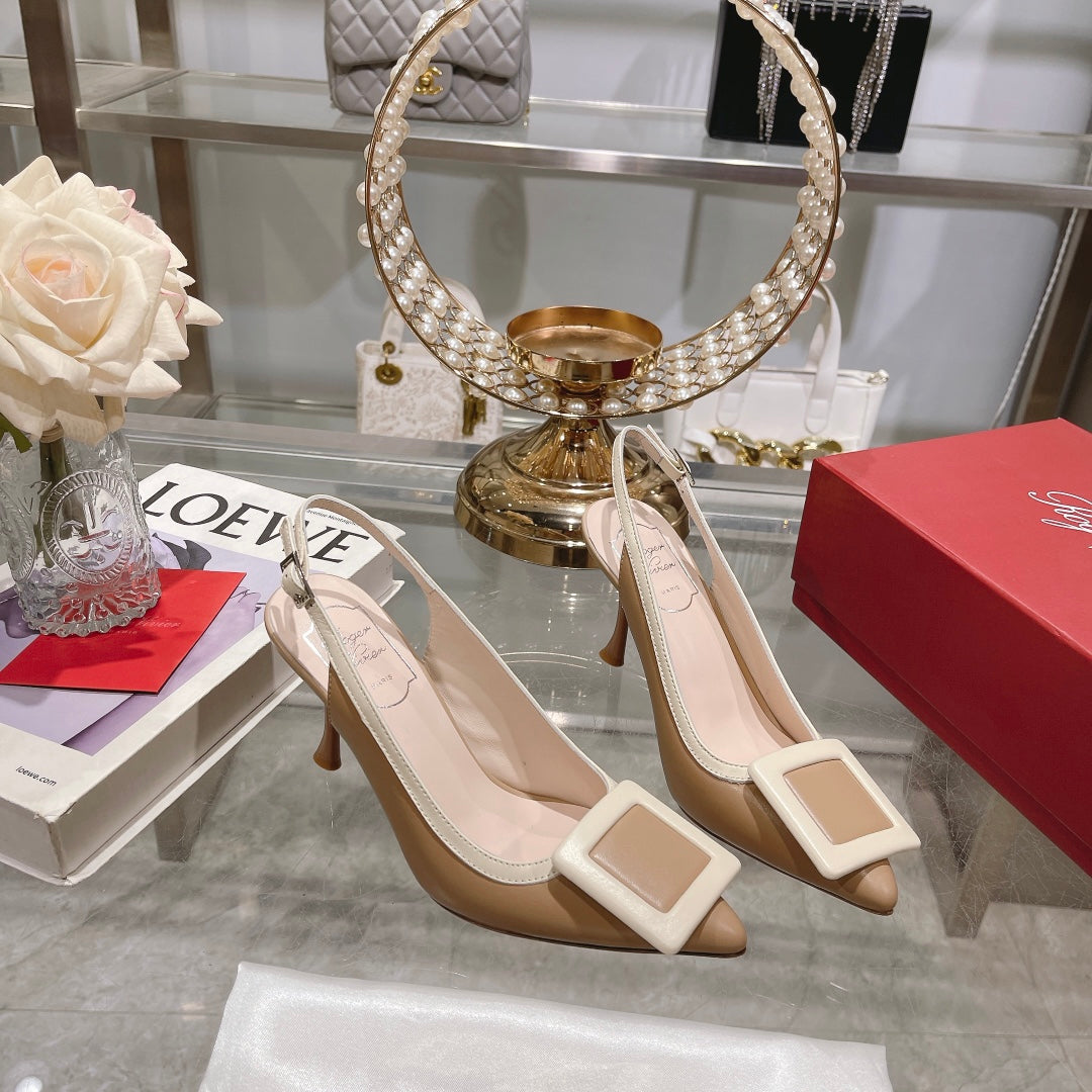 Belle Viv Metal Buckle Slingback Pumps 85 Camel Patent Leather