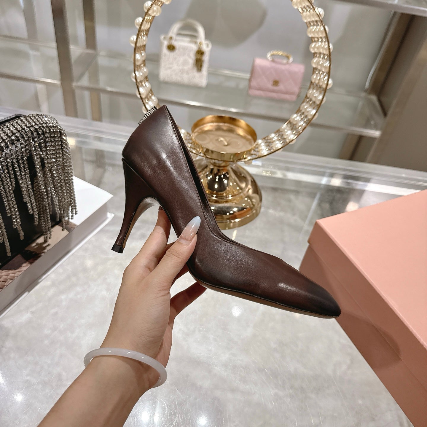 Miu High Heel Pumps Chocolate Brown Sheepskin 592080