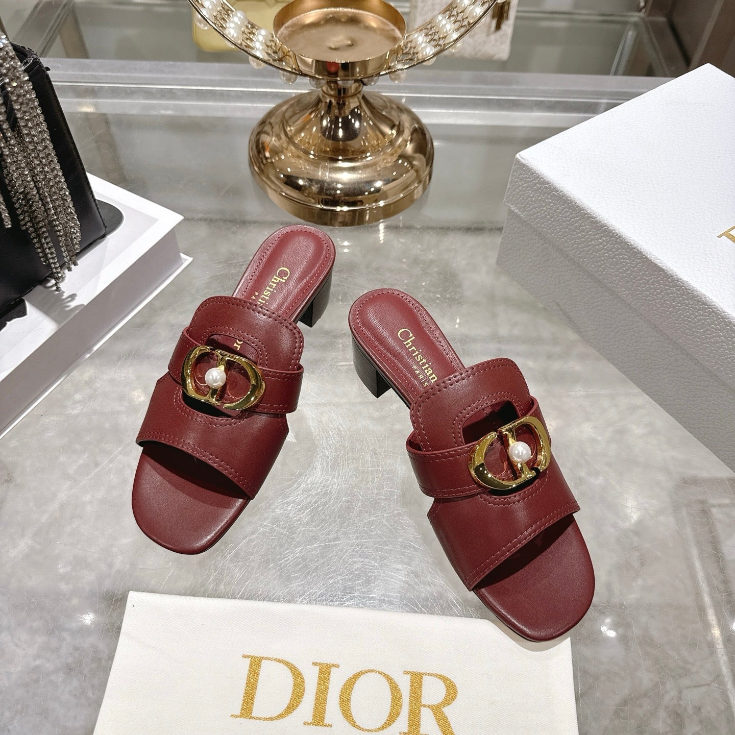 CD 26 Chunky Heel Sandals 35mm   Burgundy Leather 592268