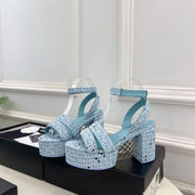 CC 26s HighHeeled Platform Sandals 85 Light Blue Tweed 631865