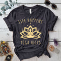 Life Happens Yoga Helps T Shirt Dark Heather Grey Mockup