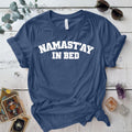 Namastay In Bed T-Shirt Mockup indigo-blue