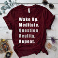 Question Reality Repeat T Shirt Maroon Mockup