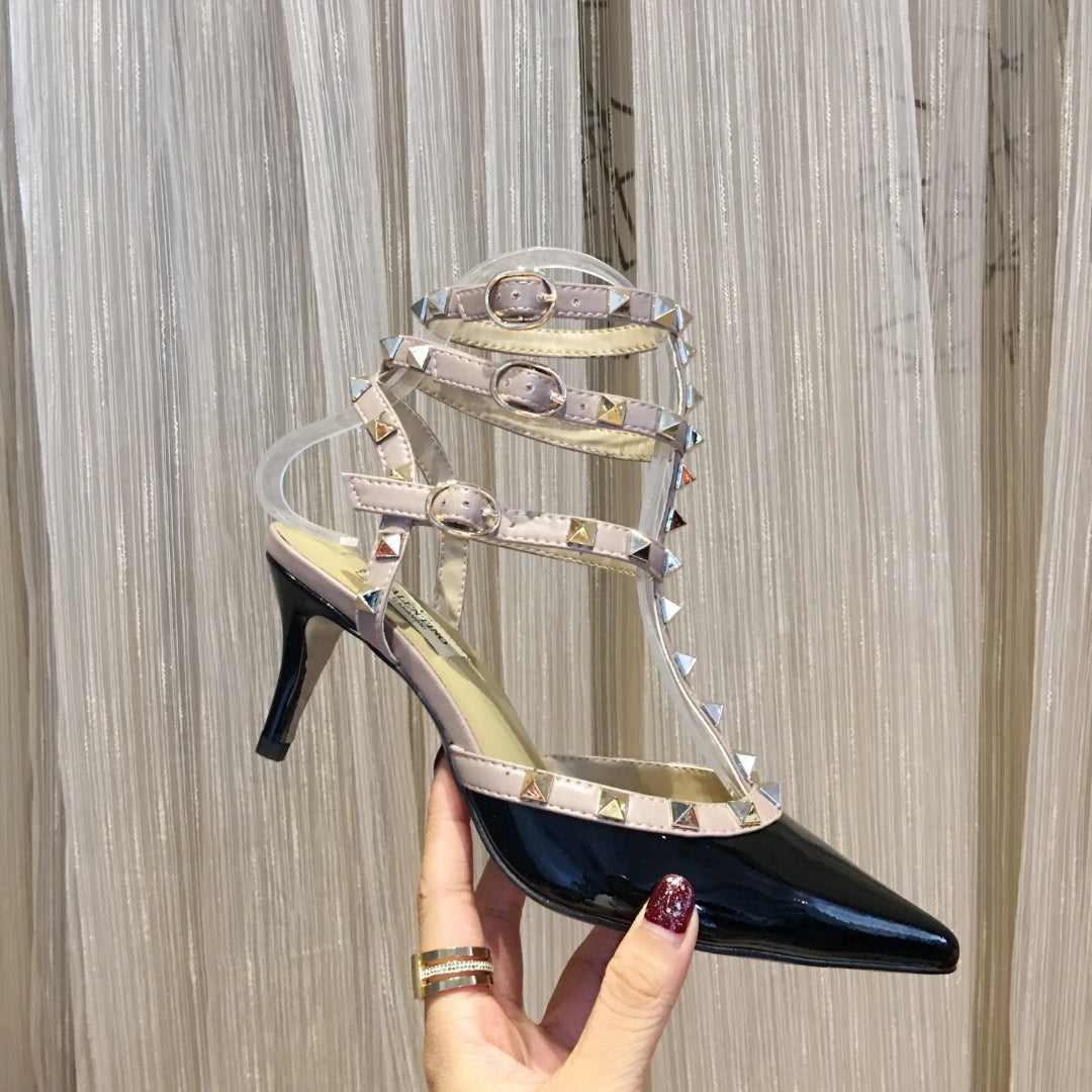 Valentino Rockstud Caged Pumps 65mm Black mix Nude Patent Leather 239637